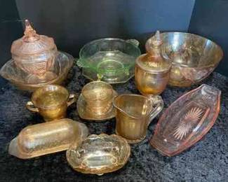  007 Green Uranium Depression Glass Bowl, Pink Depression Glass Dish, Jeannette Carnival Glass, More