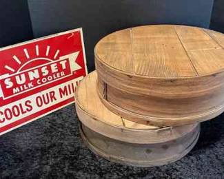 2 Antique Bent Wood Cheese Boxes Vintage Milk Sign 