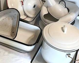 Vintage White Enamelware Stock Pot, Casserole Dishes, Strainer,  Bedpans