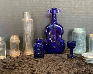 Vintage Cobalt Blue Glass Violin Bottle, Poison Bottle, More Glassware