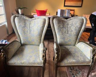 Pair grey background floral unusual chairs rarely seen with classical brass finish ladies on arms