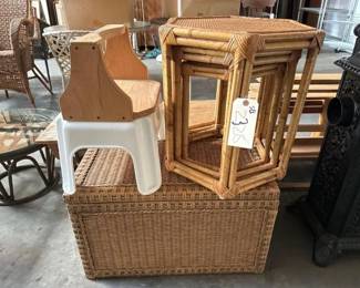 #2328 • Wicker Chest, Step Stool Nesting Tables & Shelf