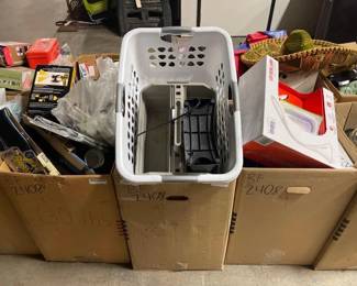 #2408 • 3 Boxes of Dusters, Lamp, Basket & Camel Backs