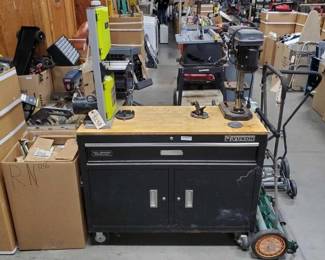 #3258 • Yukon Tool box with Wooden Top Full of Tools, Bench Drill Press, Band Saw