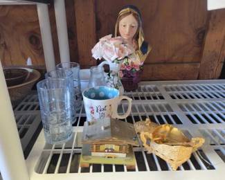#2044 • Glass Cups, Bowls, Statue, Mug, Vase and Small House