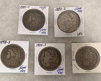 Morgan silver Dollars 1880-O micro O, 1883-S, 1898-S, 1900-S, 1901-S