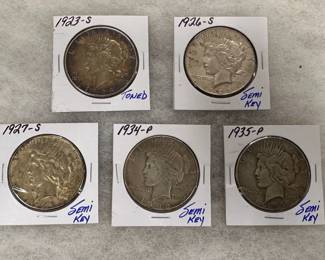 Silver Peace Dollars 1923-S, 1926-S, 1927-S, 1934-P, 1935-P
