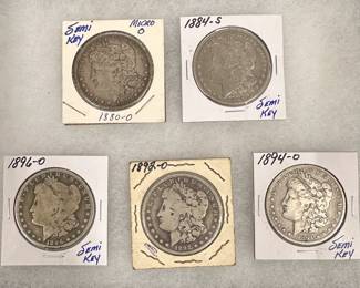Morgan Silver Dollars - 1880-O micro O, 1884-S, 1892-O, 1894-O, 1896-O