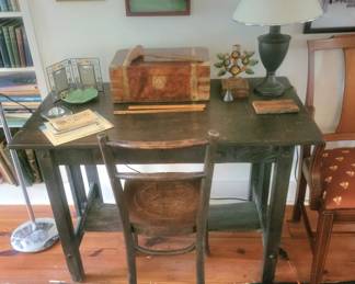 Antique Desk and Wooden Writing Box with Inkwells