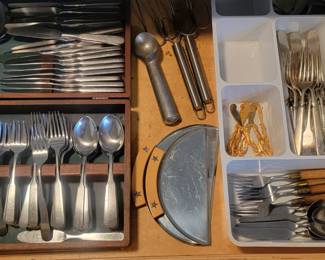 Lauffer-Germany Flatware Set, 1940's Bakelite Butterscotch Knives, Taylor & NG Stainless Japan Wooden Handle Flatware.