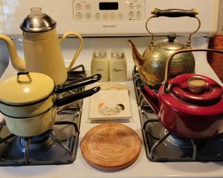 Yellow Enamelware Coffee Pot and Stackable pots , McKee Custard Glass Roman Arch Salt & Pepper Shakers, Tea Pots and hot Pads