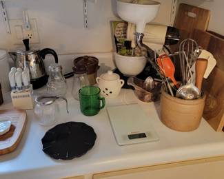 Misc. kitchen Items and Vintage Sunbeam Mixmaster, and Isia  Made i n Italy Cast Iron Enamelware Heat Diffuser