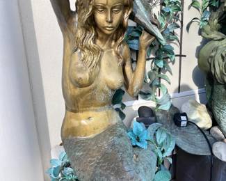 mermaid statuary water feature fountain pool outdoor indoor bronze shore seaside water ocean shell  