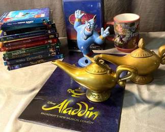 Disney DVD Collection, Platinum Editions, Blue Radius, Sleeping Beauty Dismeys Coffee, Cup, Aladdin Statue 