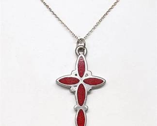 Lot 079 1 Bid(s)
Sterling Silver Crucifix with Crushed Coral and Turquoise Design