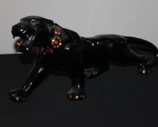 MCM Vintage Black Panther Statue Gold Jewel Tone Collar Green Jewel Eyes