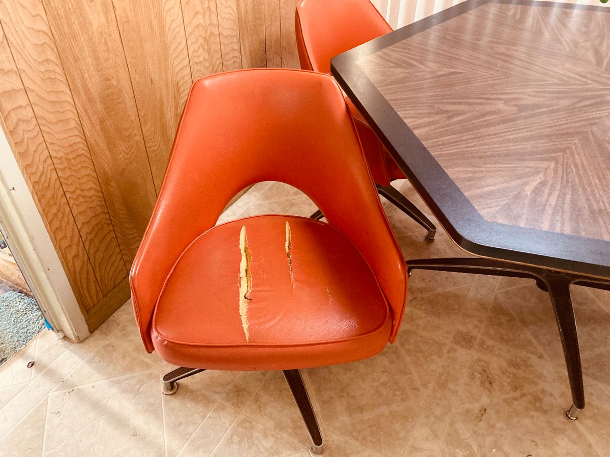 Vintage Vinyl Orange Chairs and Table, Vintage... starts on 12/19/2023