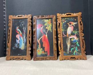 Bird feather Mexican framed art (3) 12 x 6 in