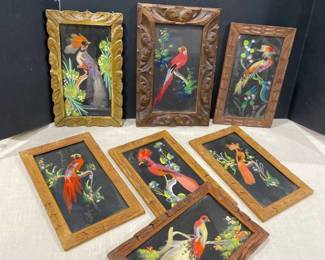 Bird feather Mexican framed art (7) largest is 12 x 8 in