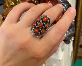 coral and silver ring