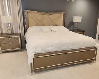 1 year old King bedroom set: King Sertapedic mattress, 2 dressers (1 w lighted trim on the mirror), 2 matching night tables with matching lamps.  King bed 
with 2 drawers at end.  Trim on headboard lights.  $2,200 for the entire set.