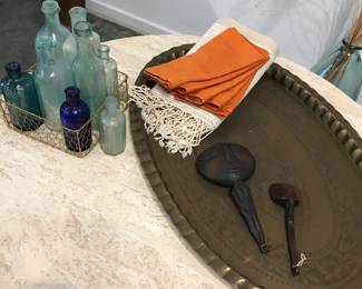 Mid century brass Moroccan tray, antique bottles, carved spoons