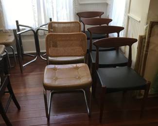 Danish teak mid century chairs set of six. Cane chairs and chrome base sold