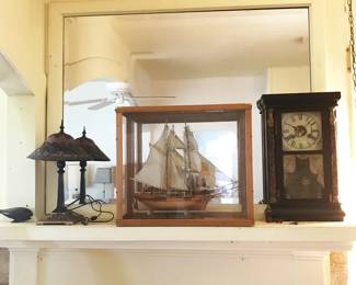 Model sailing ship, antique clock, Lamp sold