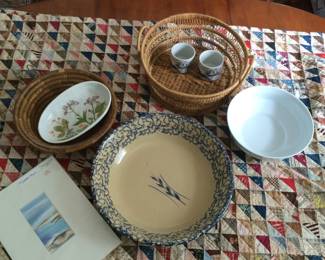 Stoneware, antique triangles quilt , basket, bowls 