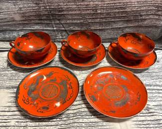 Antique coral/ red chinese teacups