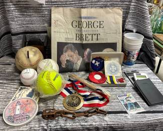 George brett newspaper, Baseballs, coin bank calculators