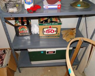 Coleman cooler and vintage bottles