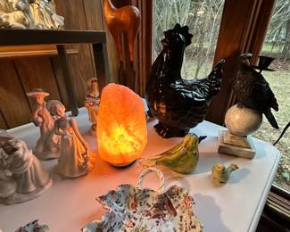 A Table full of Vintage Treasures! Music Boxes, Willow Tree, Tiffany Style Lamp and MORE! BTW - That Salt Rock Lamp you see is MINT still in its plastic! We took it out of its original box to display! 