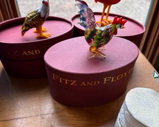 Three Fitz and Floyd Art Glass Menagerie Rooster, Eagle and Flamingo! Original Boxes! 