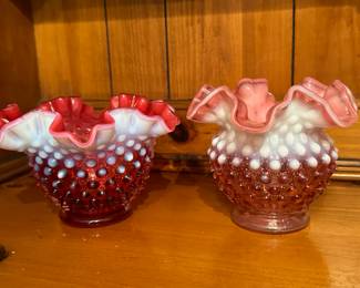 A pair of Vintage FENTON Art Glass Hobnail Cranberry Opalescent Ruffled Rim Vases! 