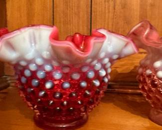 A pair of Vintage FENTON Art Glass Hobnail Cranberry Opalescent Ruffled Rim Vases! 