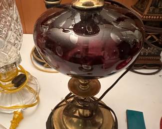 This beauty is a lovely cranberry hurricane (oil) styled electric lamp with etched design. 