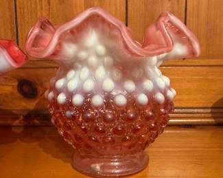 A pair of Vintage FENTON Art Glass Hobnail Cranberry Opalescent Ruffled Rim Vases! 