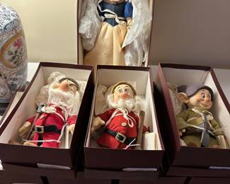 A RARE set of Michigan Artist - R. John Wright - Snow White and the Seven Dwarfs Dolls! 8 Dolls in their original boxes, complete! Made In Vermont!