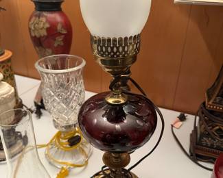 This beauty is a lovely cranberry hurricane (oil) styled electric lamp with etched design. 