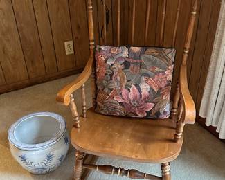Preliminary walkthrough photo: 

Very nice early American styled rocking chair. 