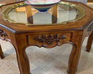 Brass, glass and wood coffee table -octagonal