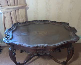 Marquetry table with removable glass top