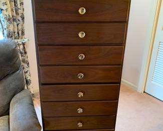 Large, 10 drawer, jewelry, dresser, solid wood, possibly walnut. Very heavy stands nearly 6 feet tall.