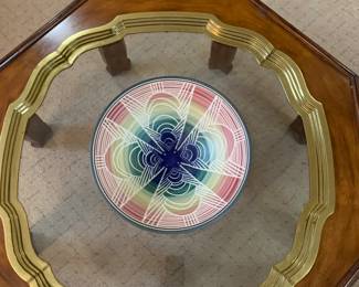 Wood, brass and glass coffee table; pottery bowl