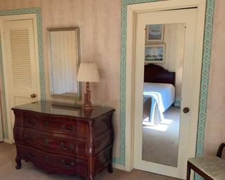 Full sized bedroom. Bombe style dresser by John Widdicimb, Grand Rapids.