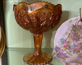 Marigold carnival glass compote
