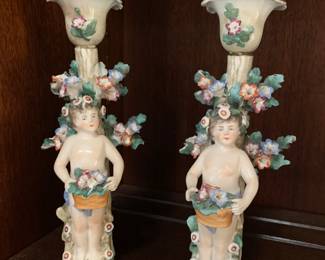 Sevres type porcelain cherub candleholders