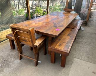 Hand Crafted Harvest table with 4 benches and 2 captains chairs! Gorgeous!!