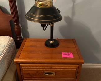 Pair of oak night stands, Early American lamp